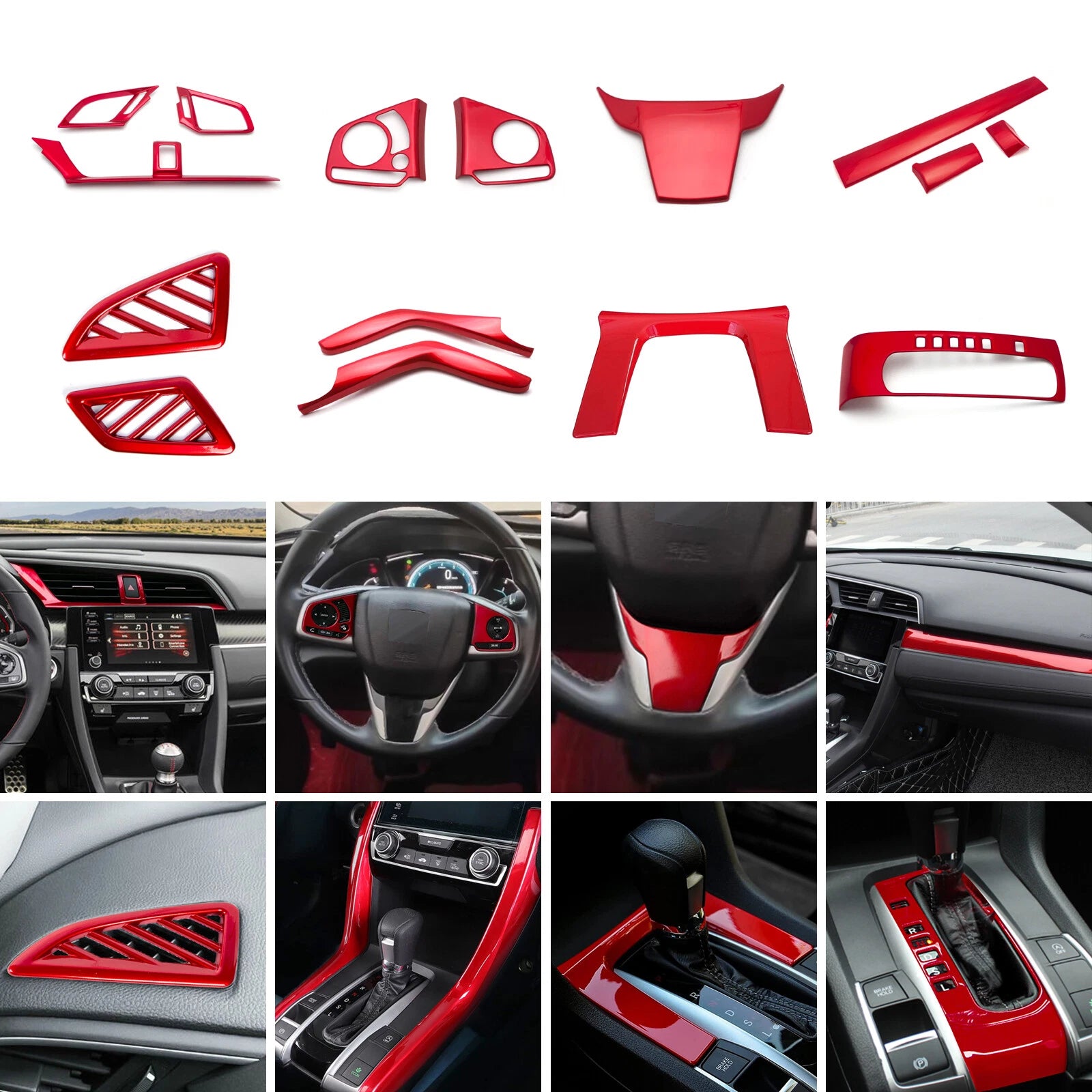 Red Center Console Strip Gear Shift Frame Decor for Honda Civic (2016-2021)