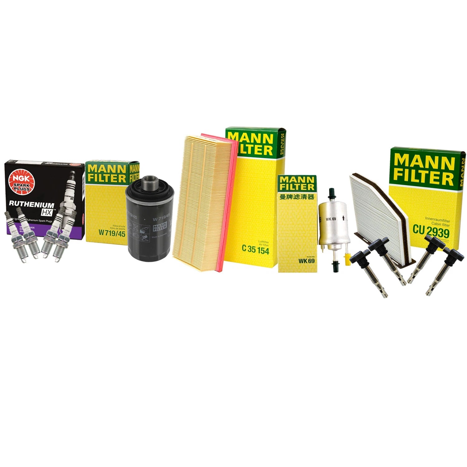 Tune-Up Kit with 4 Mann Filters, 4 Denso Coils, 4 NGK Ruthenium HX for Audi VW