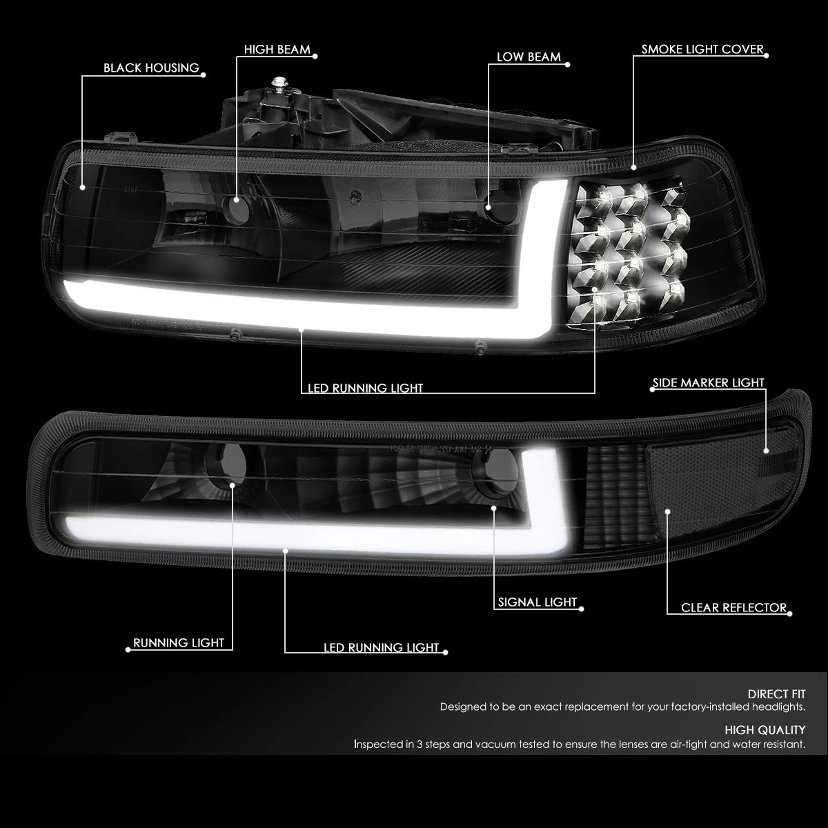 LED DRL Tinted Clear Side Headlight Bumper Lamp for Silverado (1999–2002)