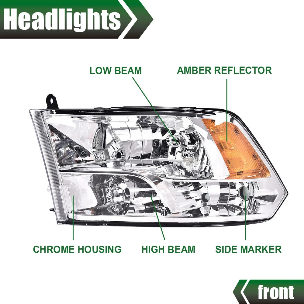 Chrome Quad Amber Headlights for Dodge Ram 1500 2500 3500 (2009–2018)