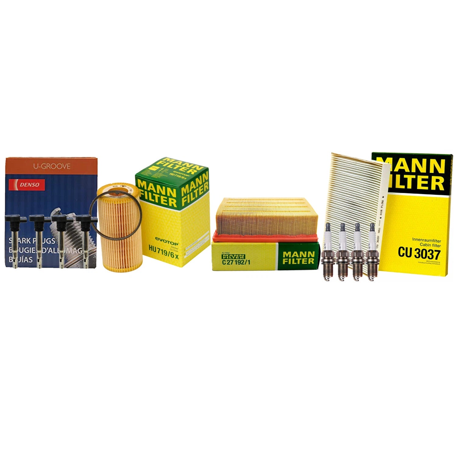 Set of 4 Mann Filters & 4 Denso U-Groove Spark Plugs for Audi A4 (2001–2008)