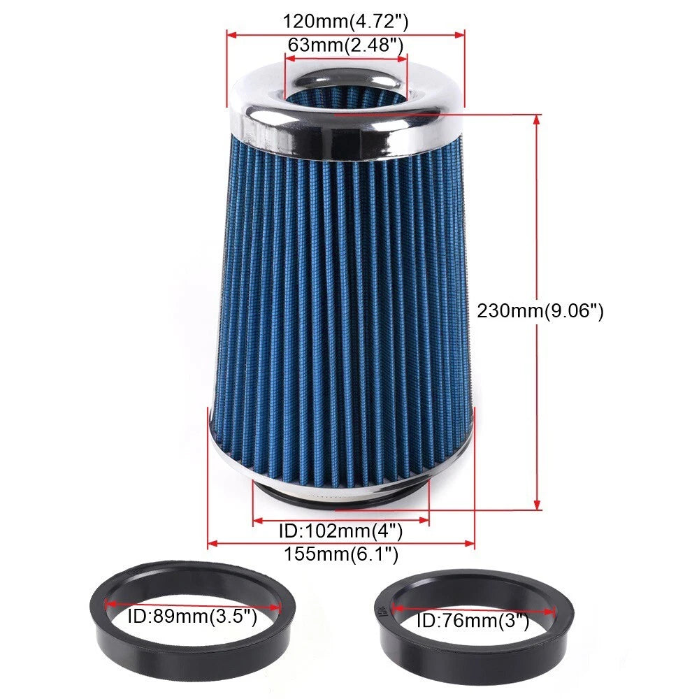 Universal Clamp On Cone High Flow Air Intake Filter 9" Tall 3" 3.5" 4" Inlet