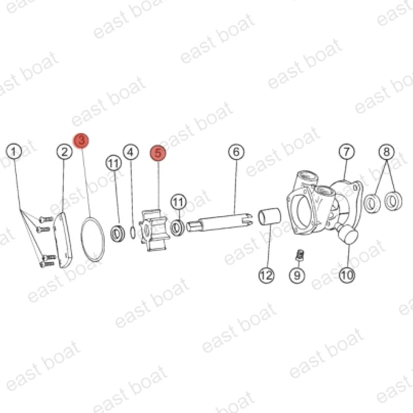 Raw Water Pump Impeller Kit for ONAN 8.0 MDKD, 4.0 MDKC, 6.5 MDKD, 3.5 MDKC