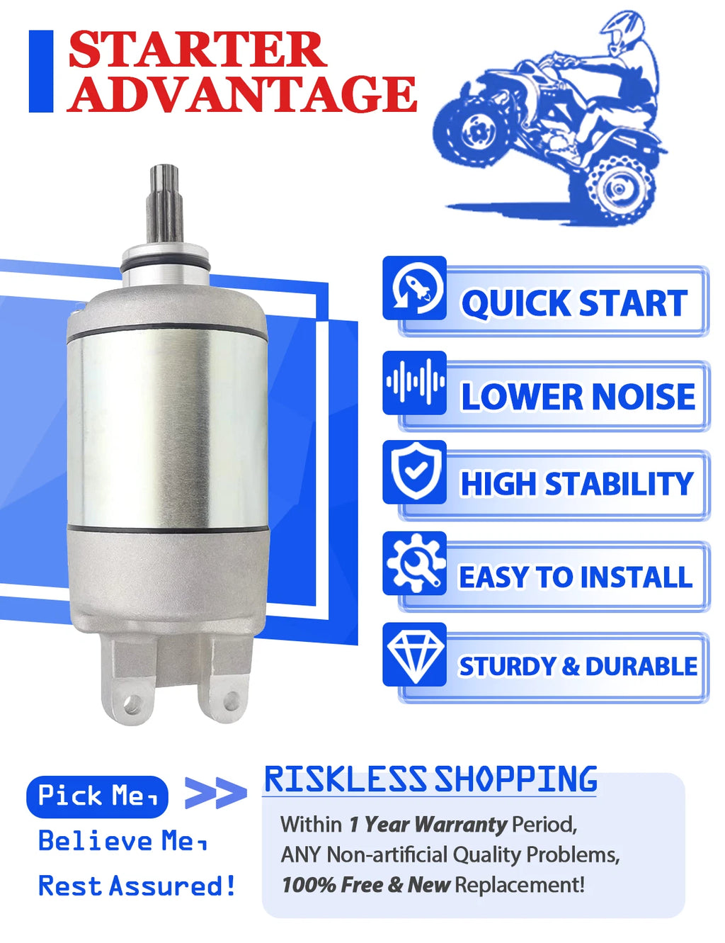 Starter Motor for Honda FourTrax 300 TRX300 (1988–2000) with Relay & Key Switch