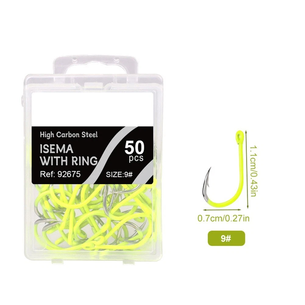 50pcs High Carbon Steel Fishing Hooks - Fluorescent Yellow