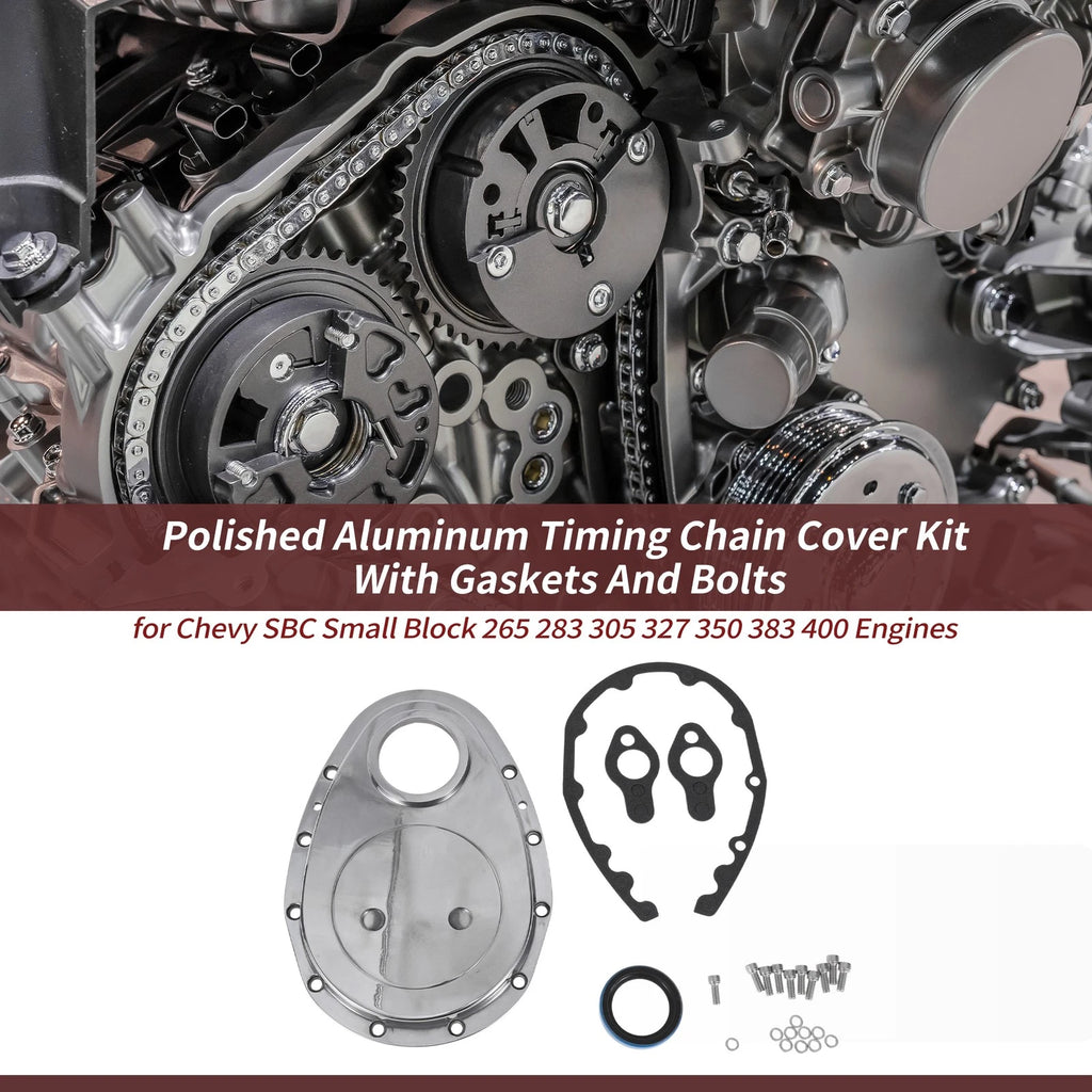 Polished Aluminum Timing Chain Cover Kit with Gaskets & Bolts for Chevy 