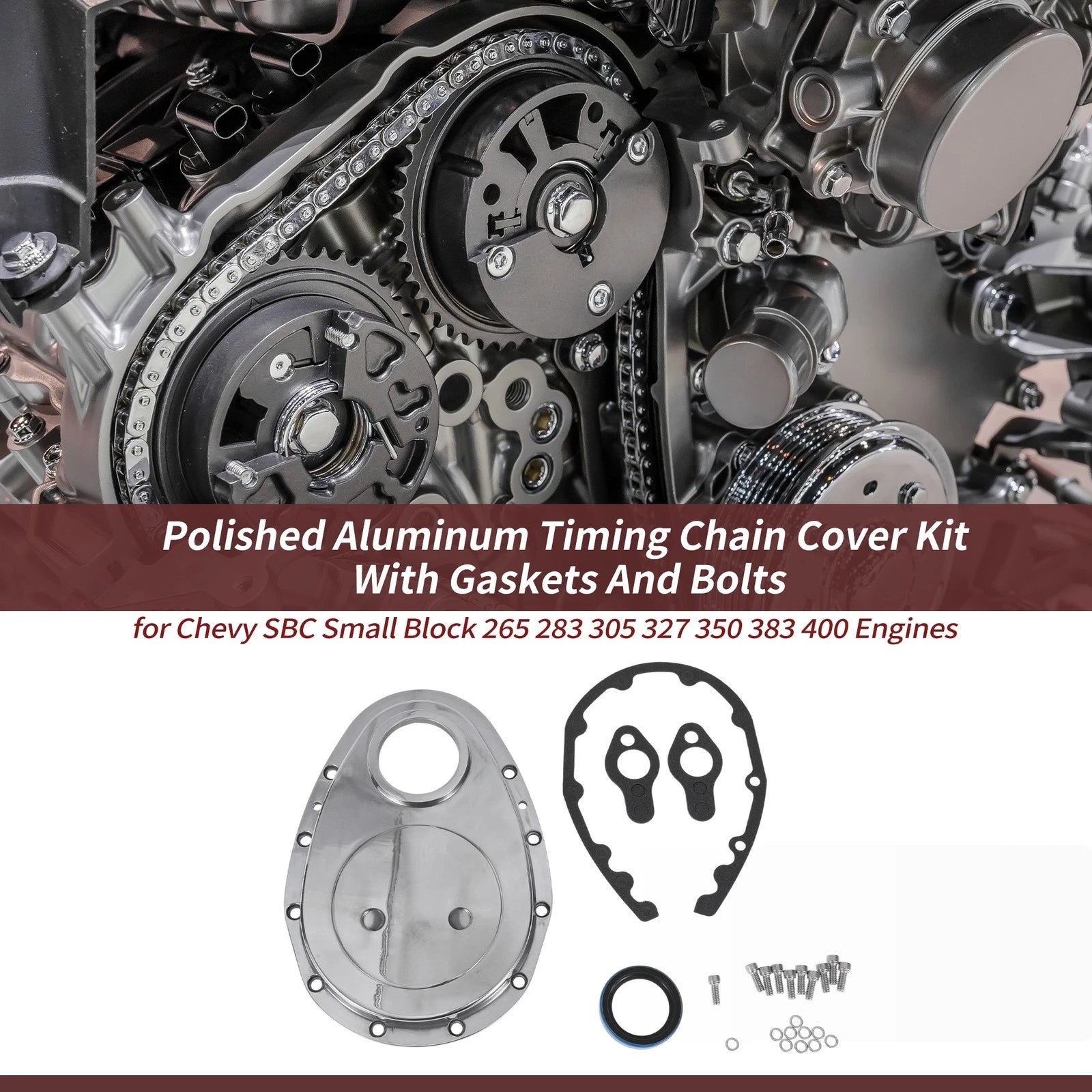 Polished Aluminum Timing Chain Cover Kit with Gaskets & Bolts for Chevy 