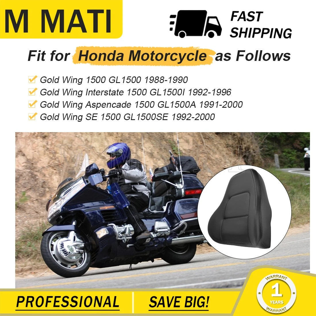 Passenger Backrest Seat Pad for Honda Goldwing 1500 (1988–2000) GL1500 A I SE