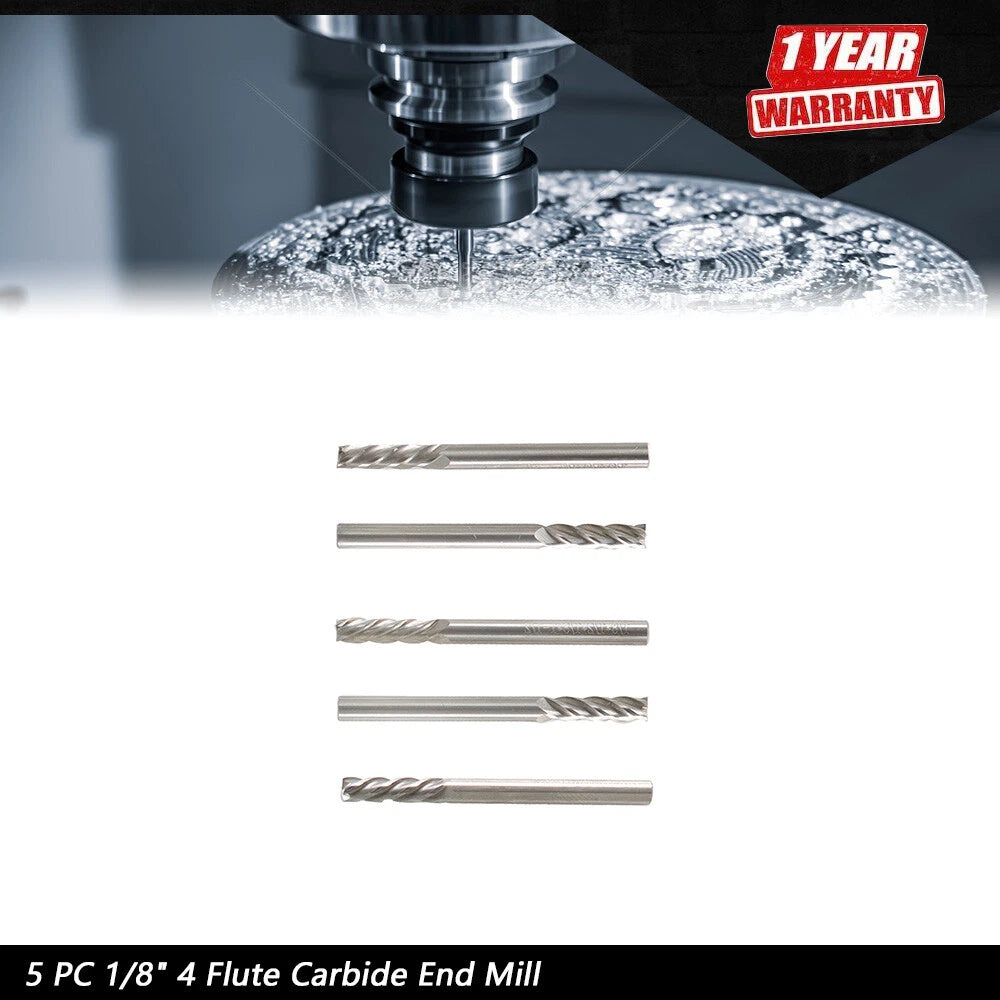 Set of 5 End Mills for CNC Machining (1/8 x 1/2 x 1-1/2)