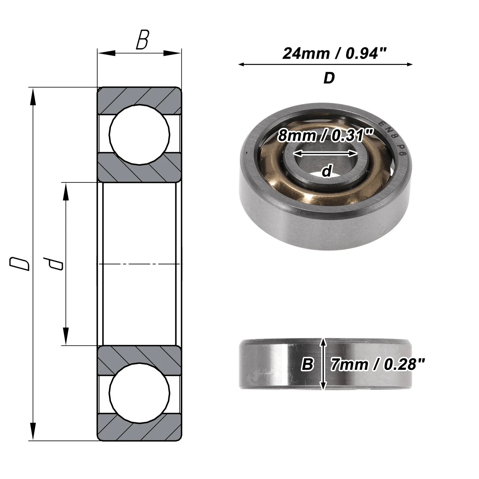 EN8 Deep Groove Ball Bearings for Scooter Skateboard Wheel (8x24x7mm)