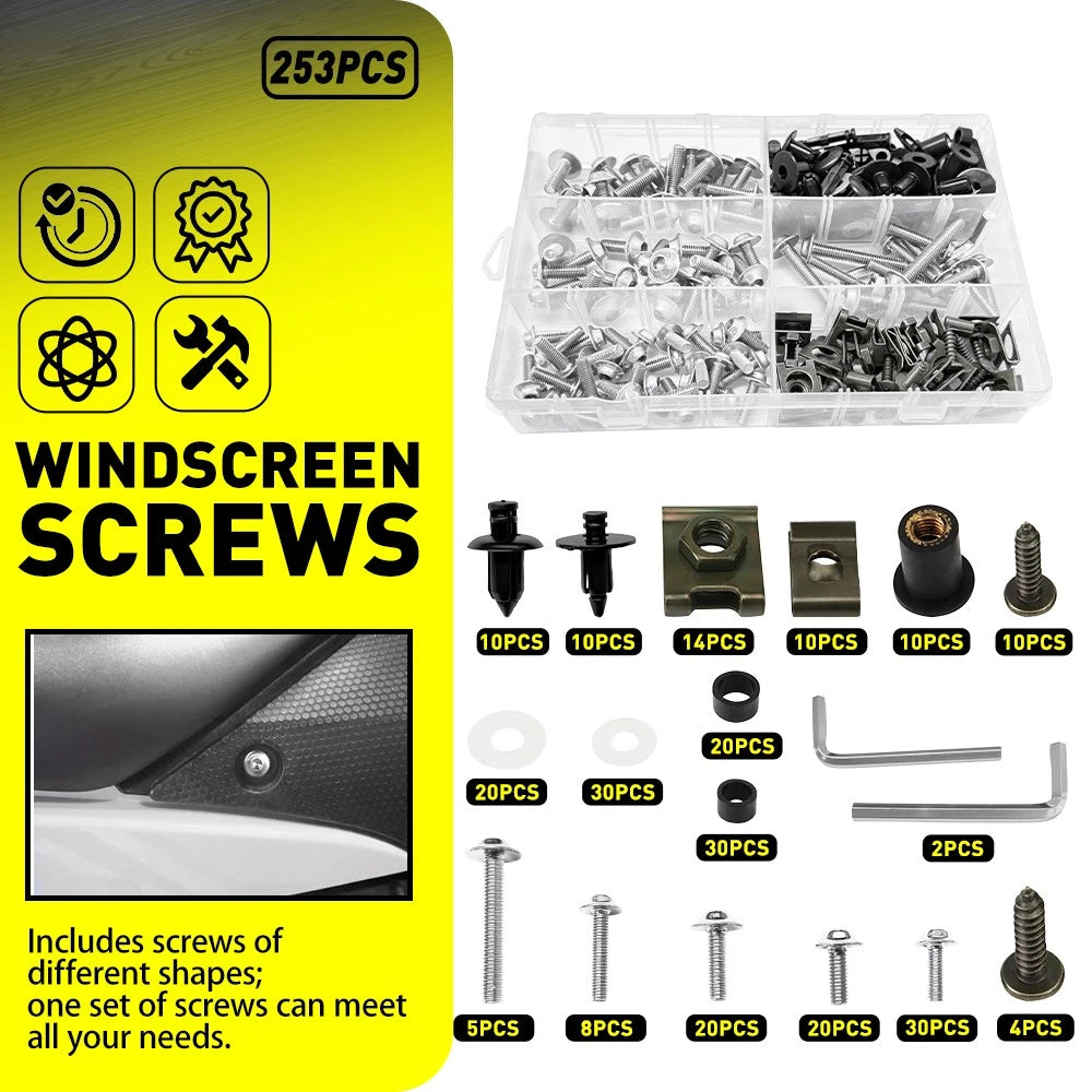 253pcs Fairing Bolts Kit for Yamaha YZF R1 (1998–2021) YZF R6 (1999–2020) Silver Aluminum