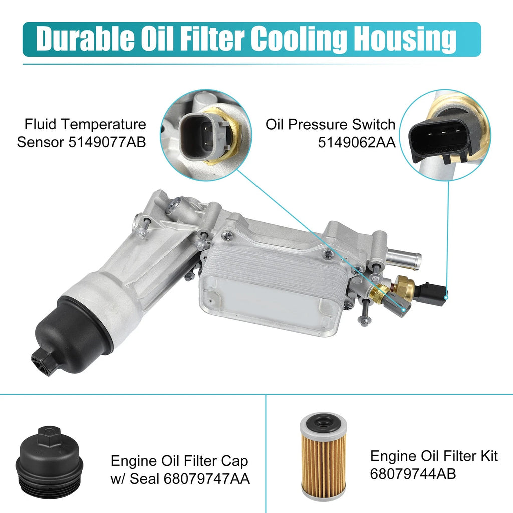 Aluminum Engine Oil Cooler Filter Housing for Dodge Ram Jeep (2002–2023) 5184294AE