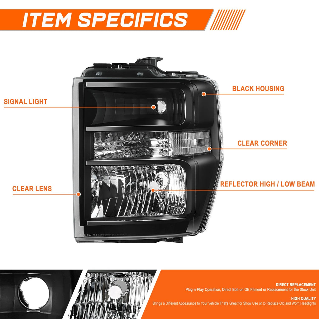 Black Housing Clear Corner Headlight for Ford E150 E250 E350SD E450SD F650 F750 (2008–2021)