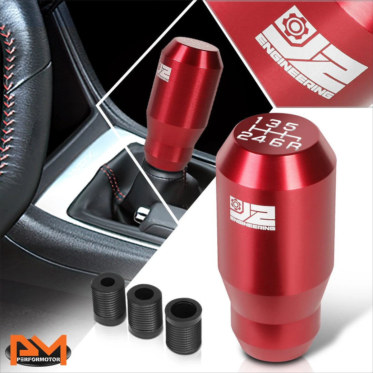 J2 Aluminum 6-Speed Manual Shift Knob Red for Universal Fit (Adapters Included)