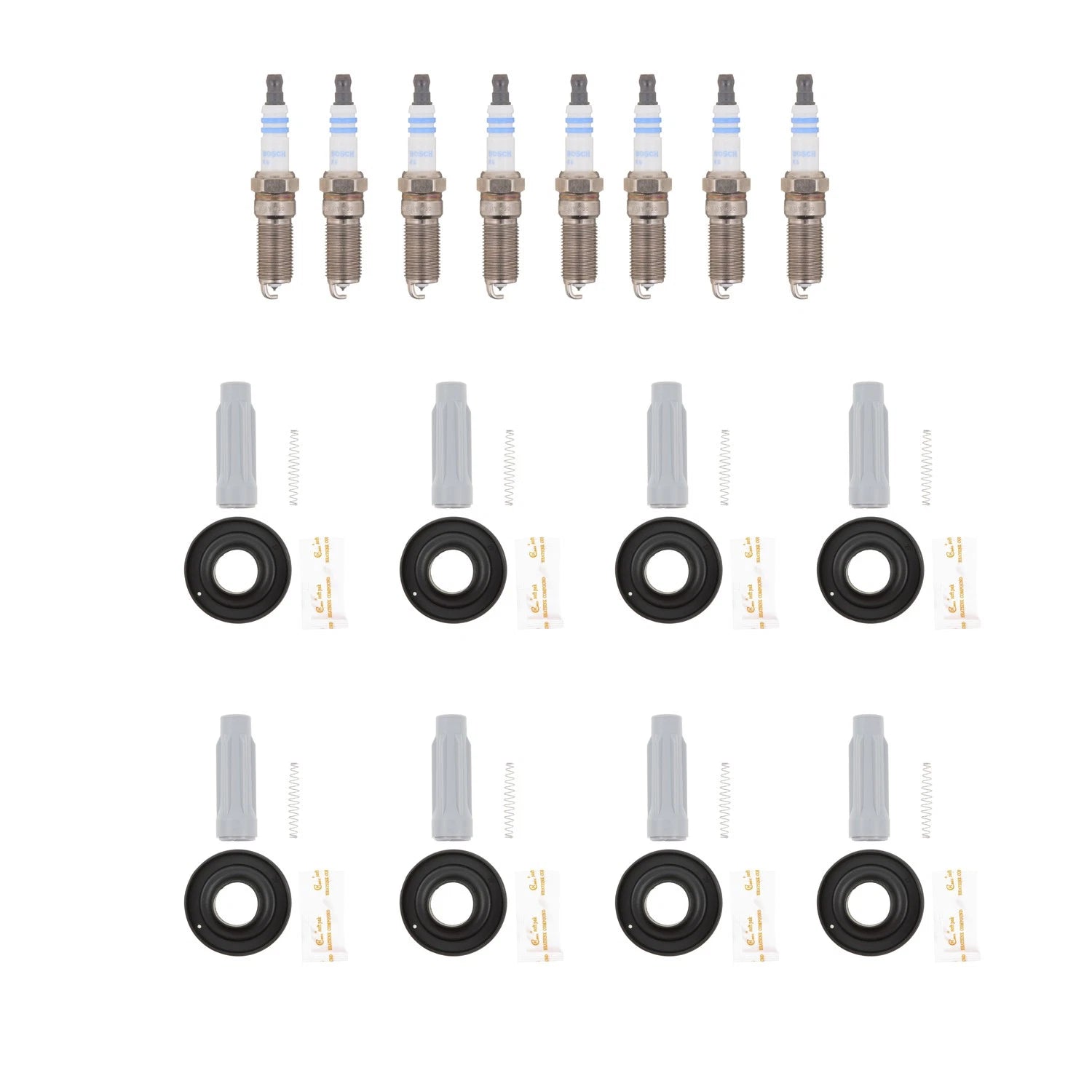 Set of 8 Bosch Double Platinum Spark Plugs & NGK Coil Boots for Ford F-150 (2015–2020)