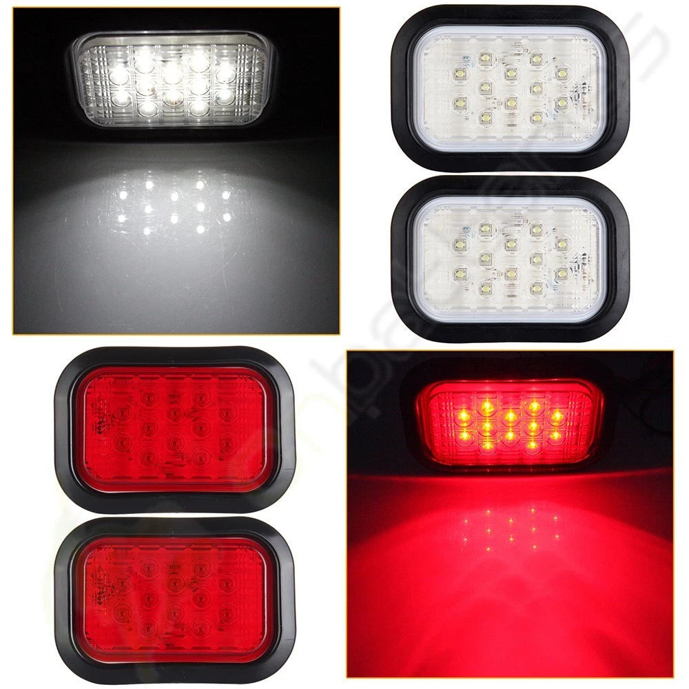 2x Red 2x White Rectangle 12 LED Stop Turn Tail Light Kit for Trucks (N/A)