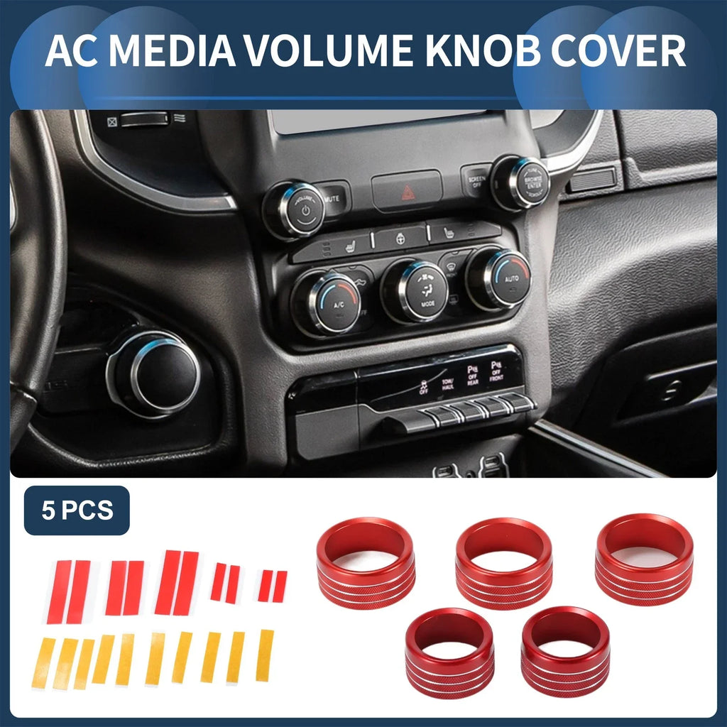 AC Media Volume Switch Knob Cover Ring for Dodge RAM 2018-2022 - 5 Pcs Red