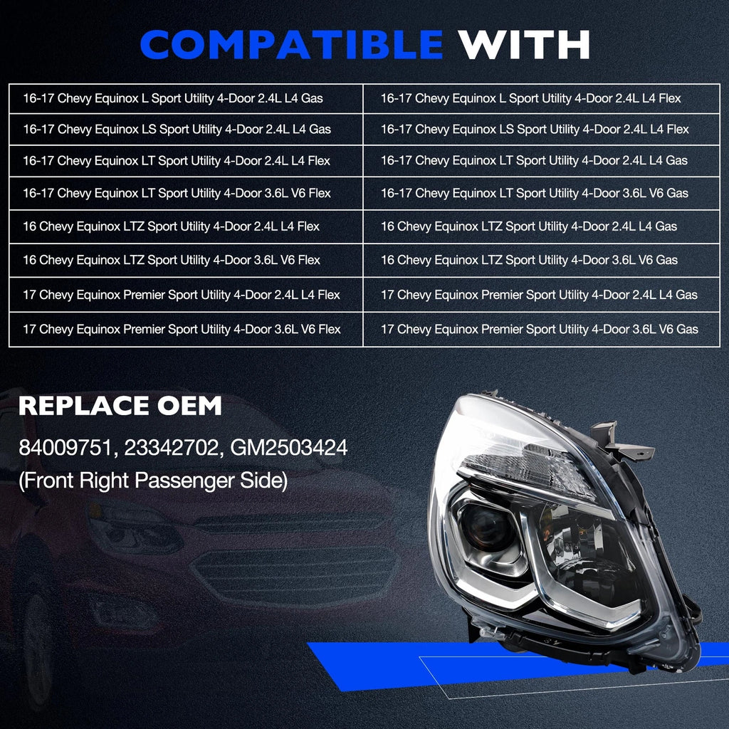 Halogen Chrome Headlight Assembly for Chevy Equinox (2016–2017)
