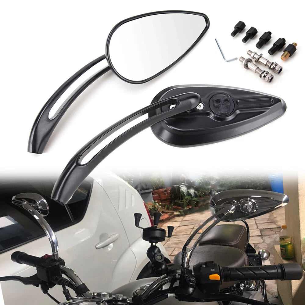 Black Skull Teardrop Mirrors for Harley Touring Dyna Sportster 883 1200 (2010–2023)