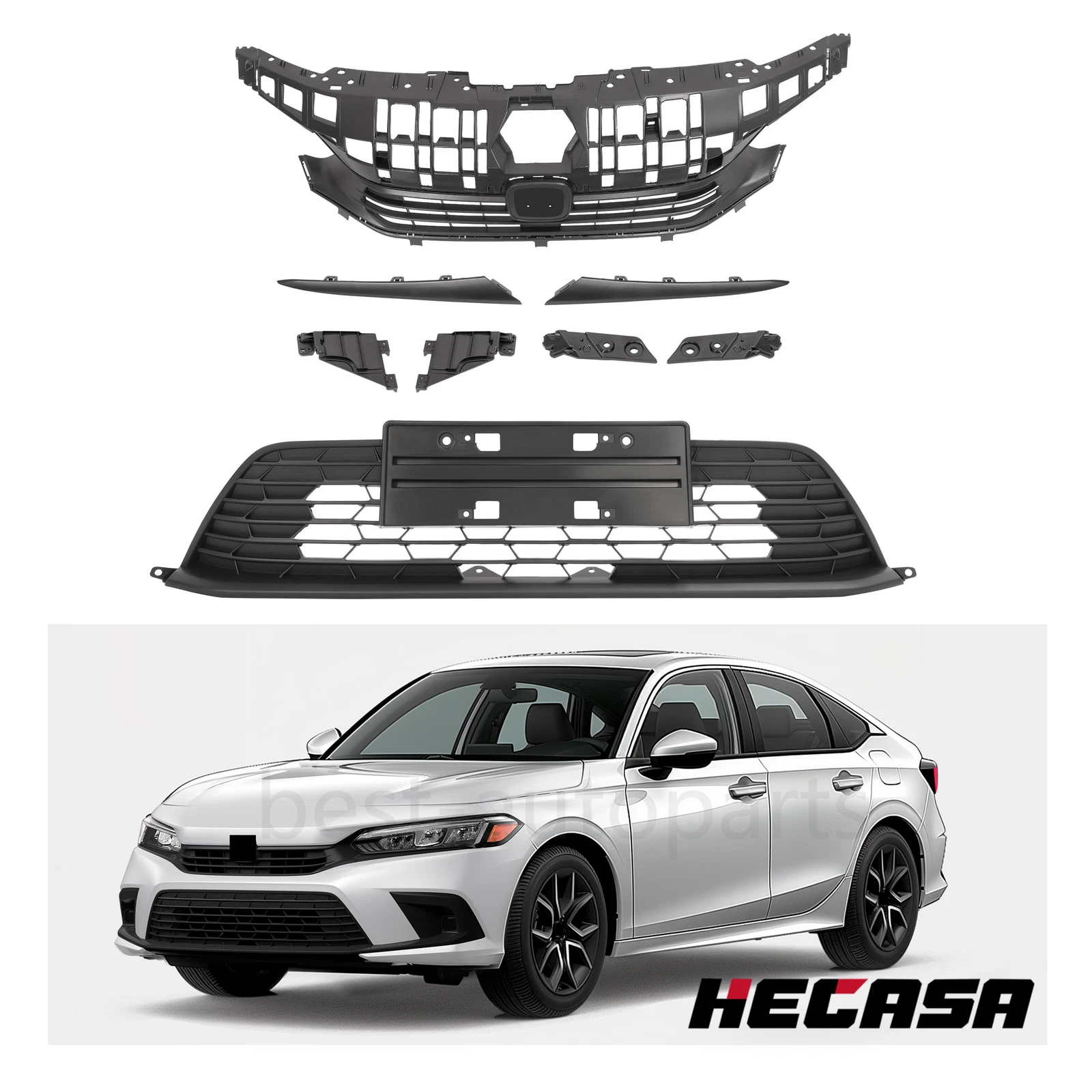 Front Bumper Upper & Lower Grill with Headlight Eyelid for Honda Civic (2022–2023)