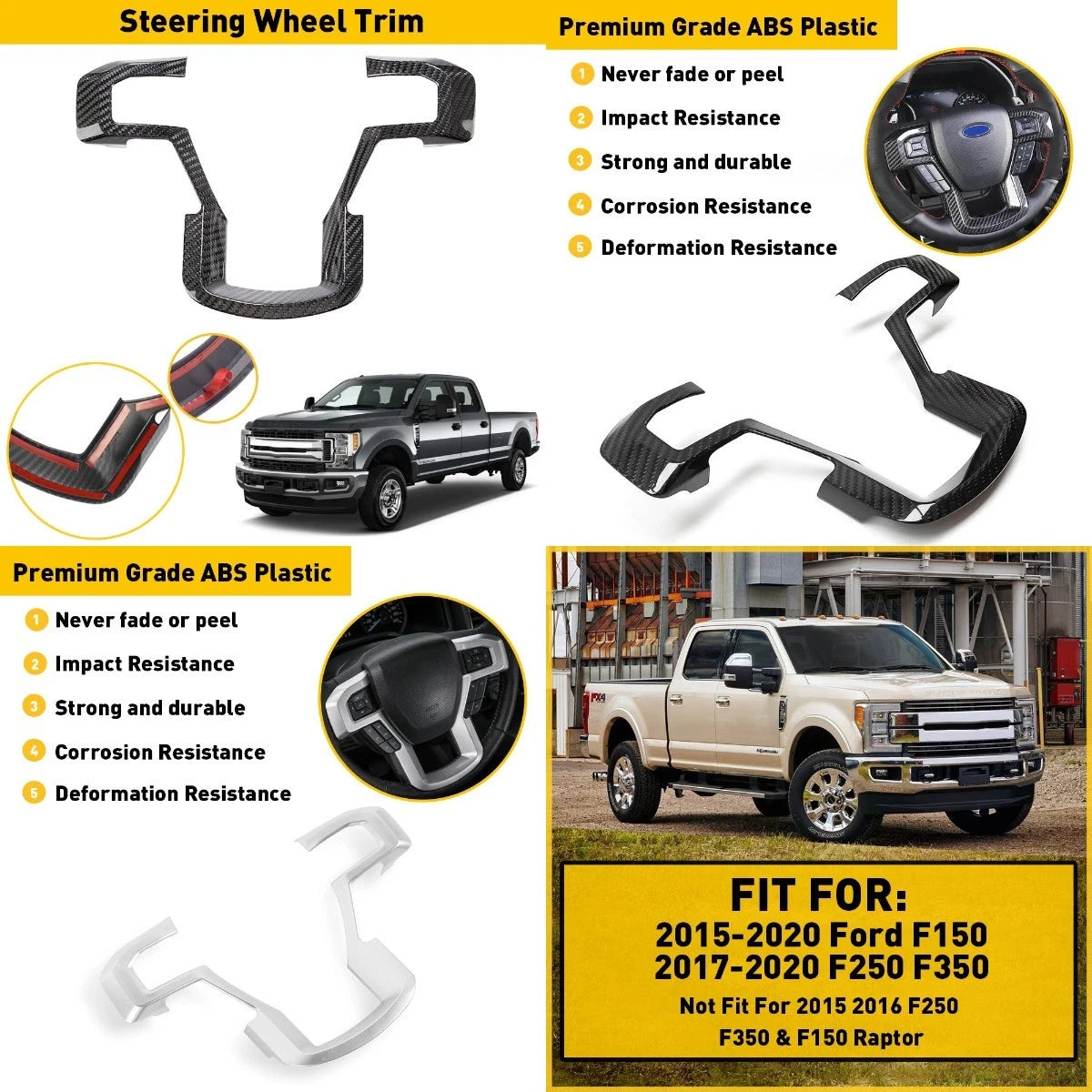 1X Black Steering Wheel Cover Trim for Ford F250 F350 (2017–2020)