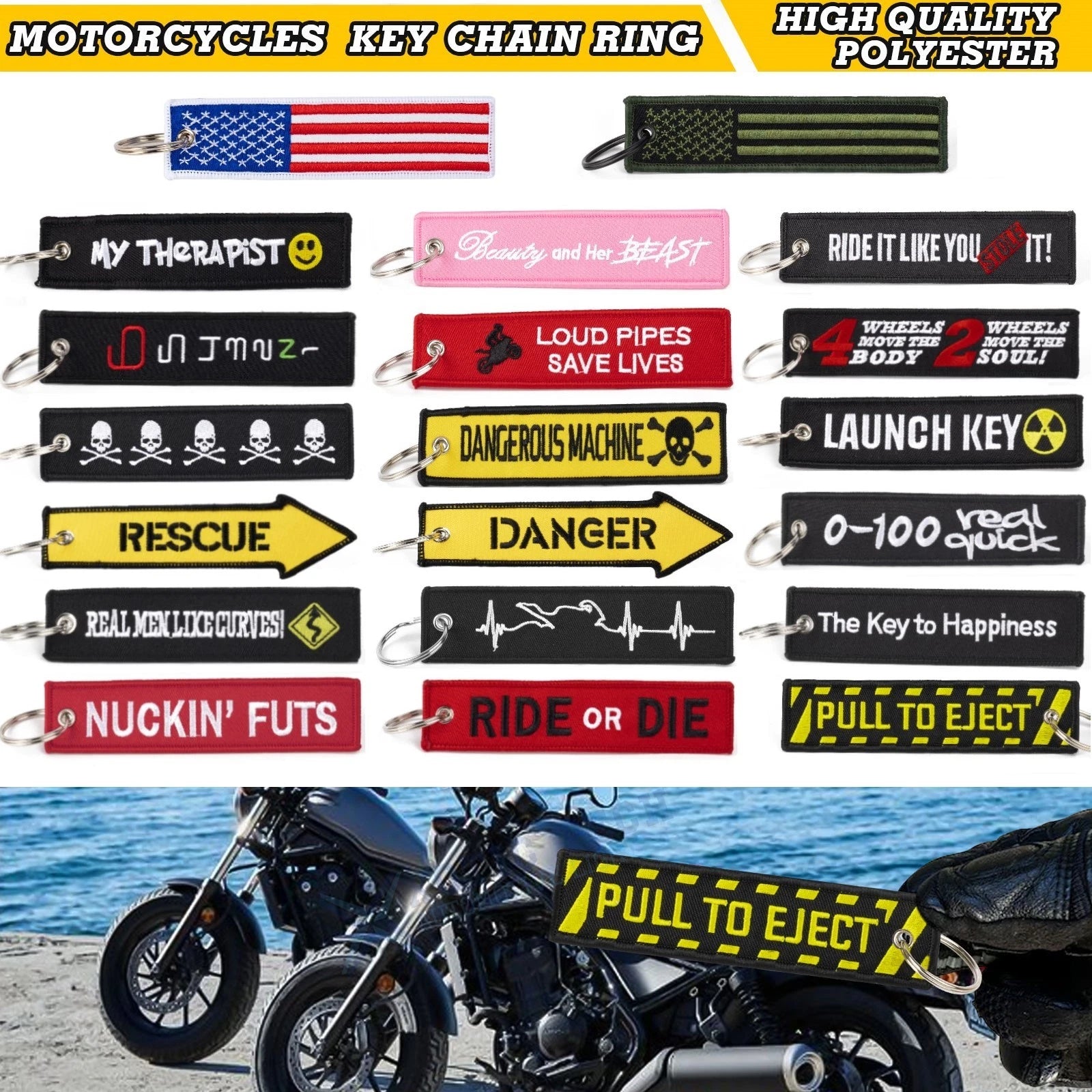 Jet Tag Embroidered Keychain for Motorcycle Biker Backpack Scooter (1pc)