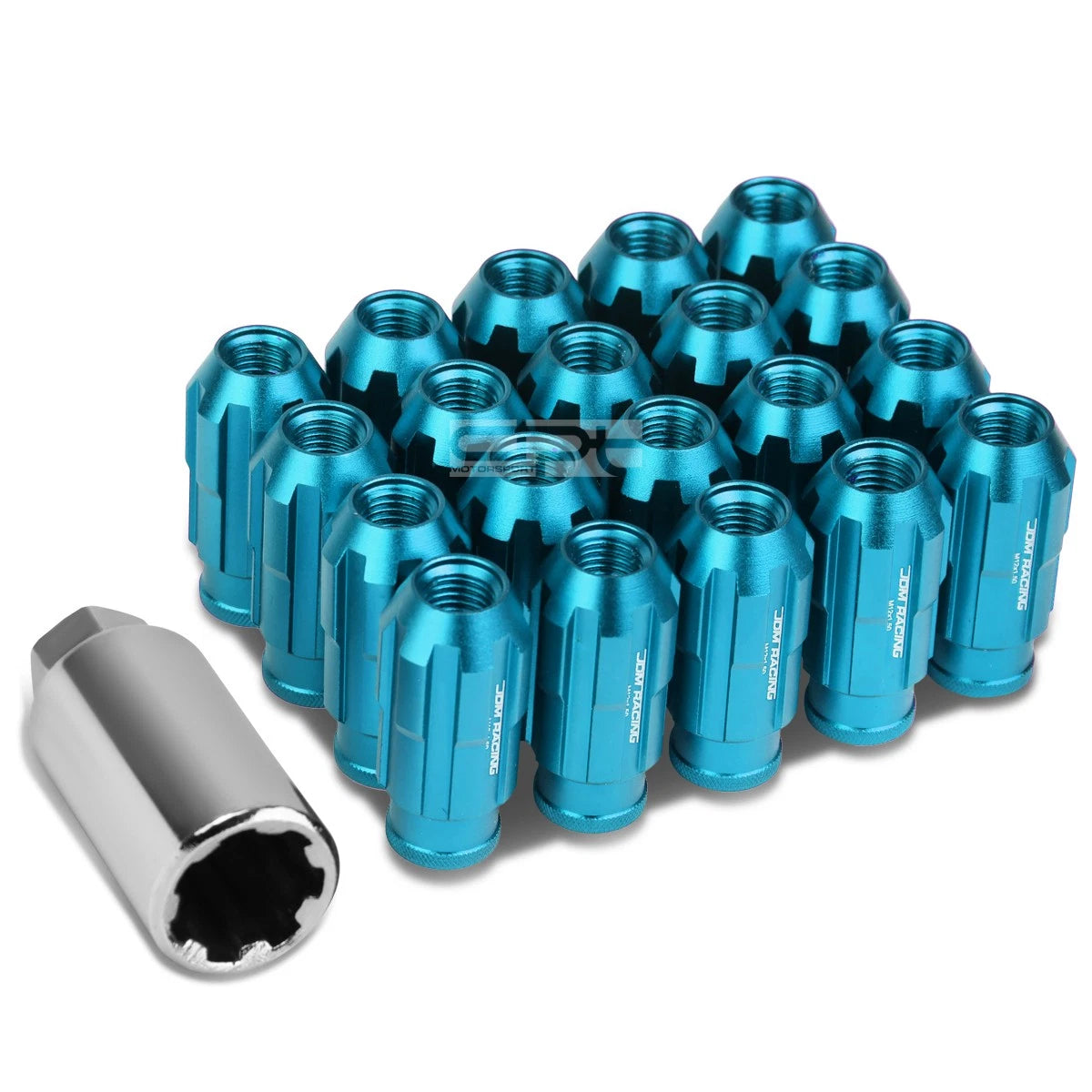 Set of 20 Open End M12x1.5 50mm Tall Sky Blue Aluminum Lug Nuts + Adapter