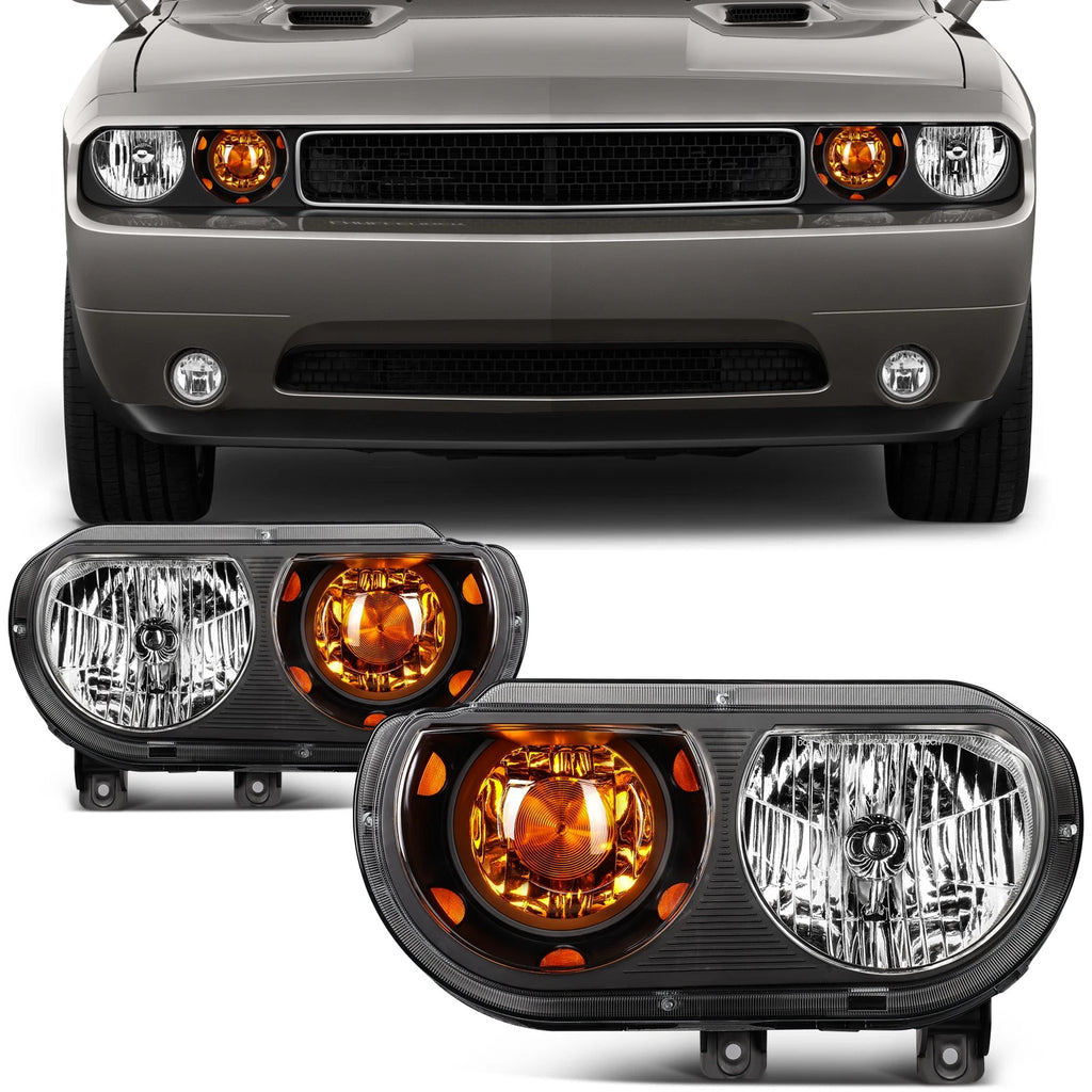 Headlight Assembly Pair for Dodge Challenger (2008–2014) Black Housing Amber