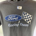Licensed Ford Racing Team T-Shirt Gray Checkered Flag Emblem Logo (Unisex)