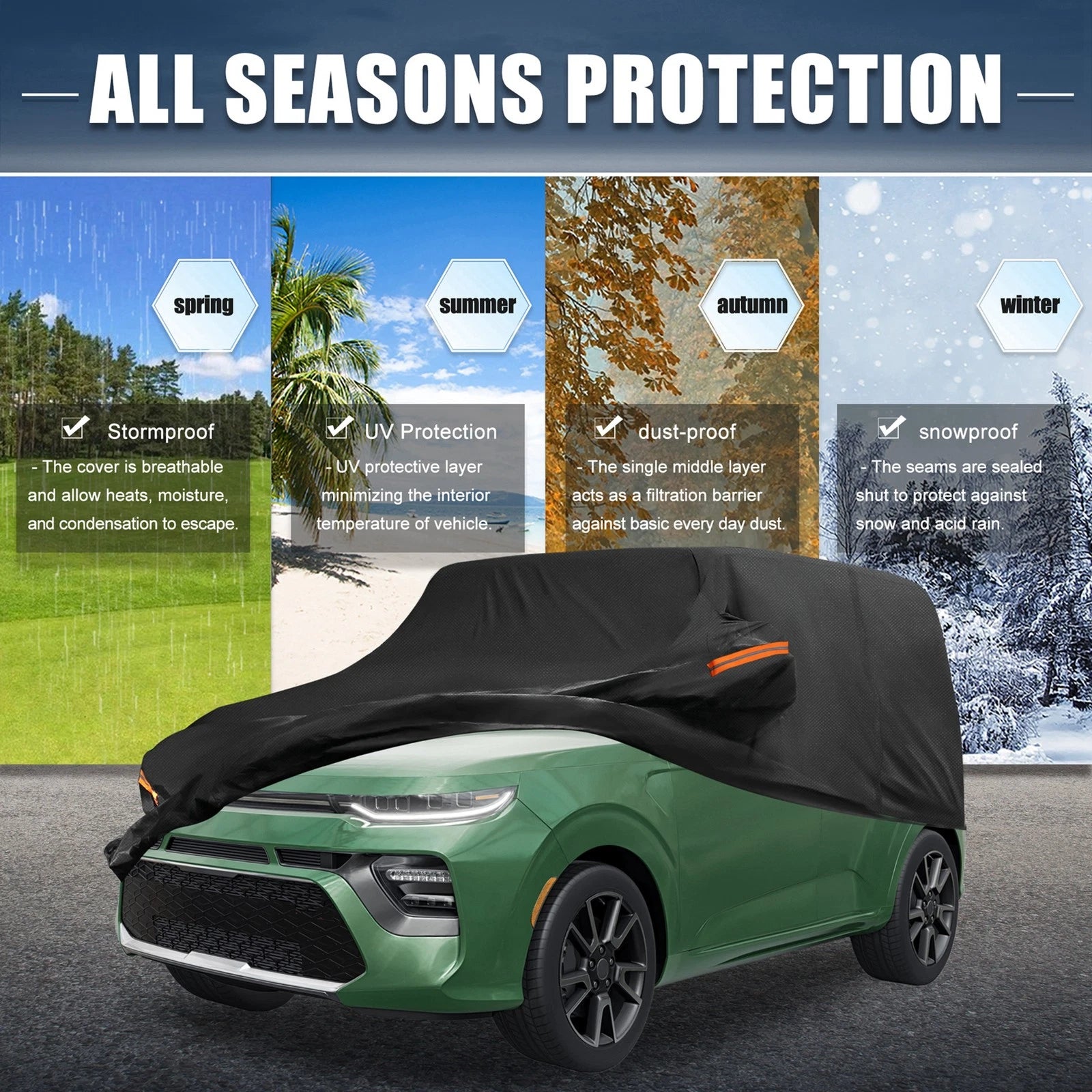 Waterproof Car Cover for Kia Soul (2009–2024) 210D-PU Oxford with Zipper Black