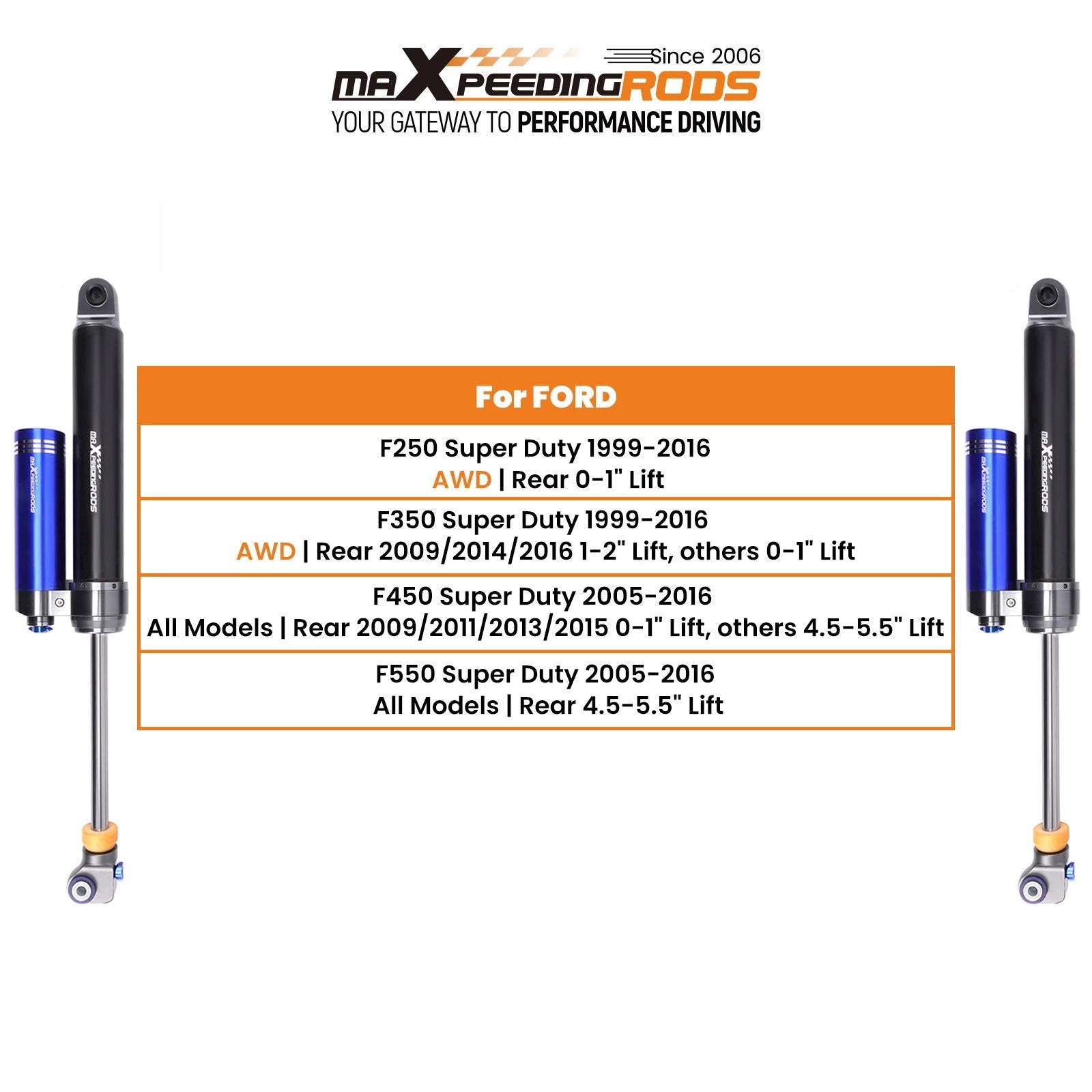 Remote Reservoir 1" Lift Rear Shocks for F250 Super Duty (2005–2016)