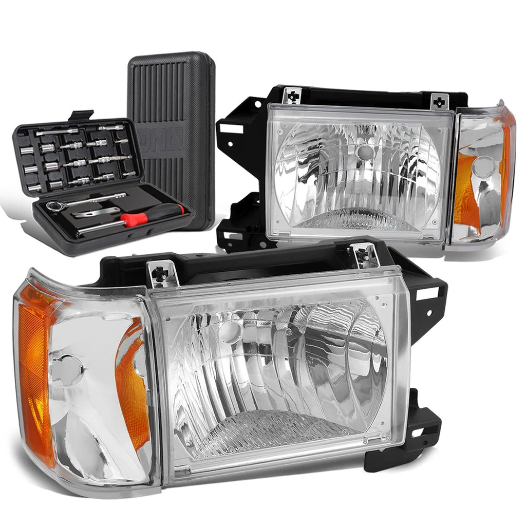 Set of 2 Chrome/Amber Signal Headlights for Ford F150 F250 F350 Bronco (1987–1991)