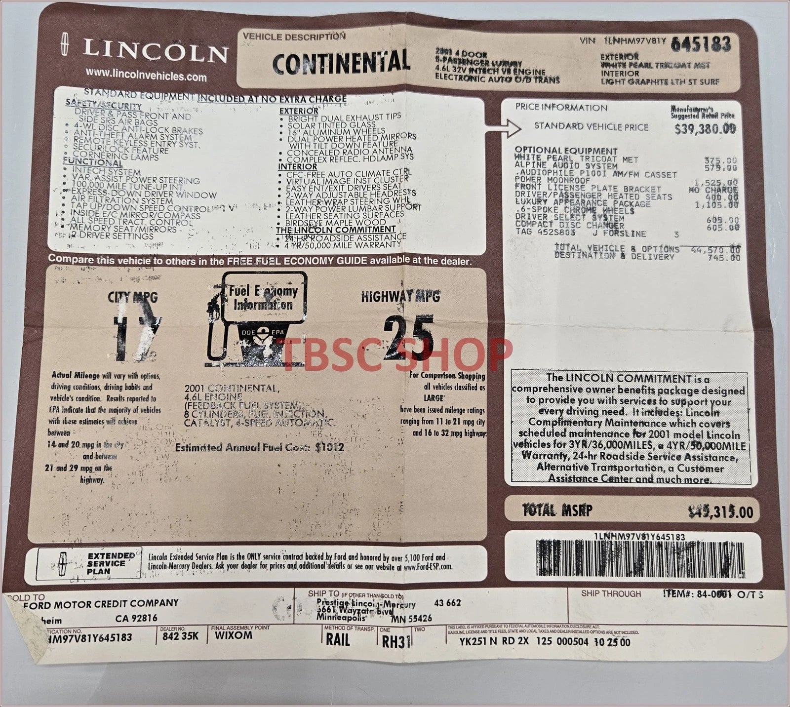 Dealer Sticker for Lincoln Continental (2002)
