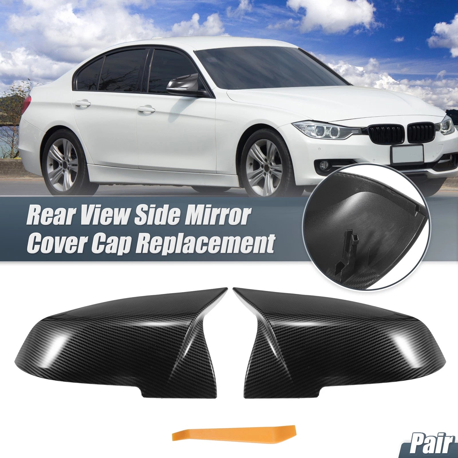 Pair Rearview Mirror Cover Cap Black Carbon Fiber for BMW F20 F22 F23 F30 F31 (2012–2019)