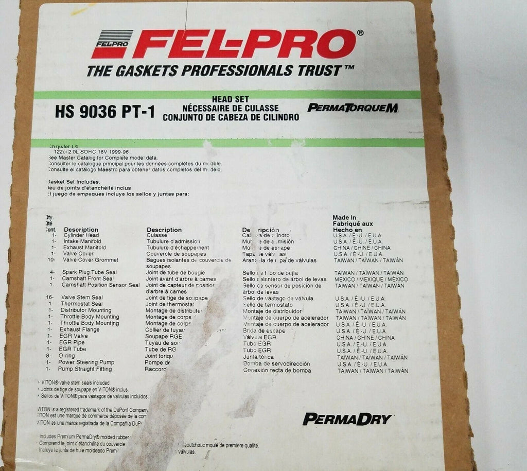 FEL-PRO HS9036PT1 Cylinder Head Gasket Set for Dodge Plymouth 1996–1999 2.0L L4