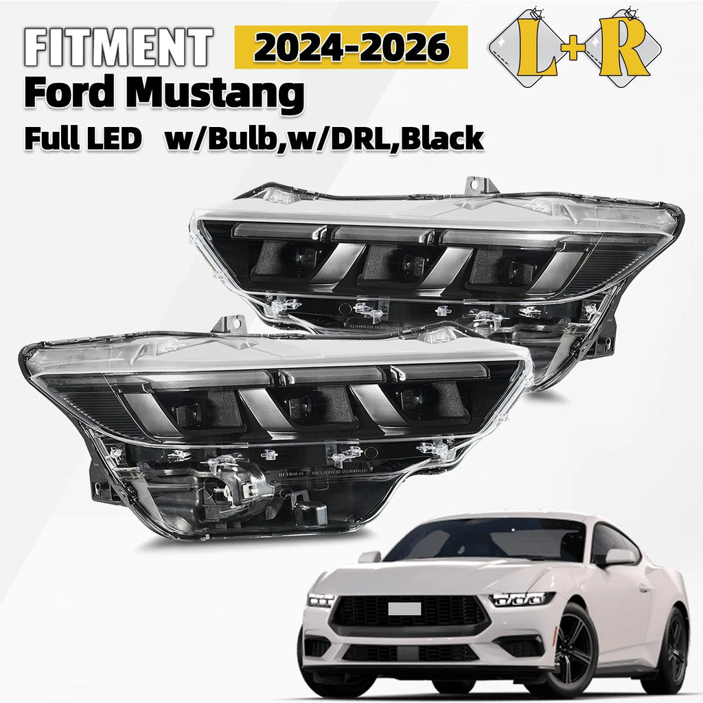 Full LED Headlight Pair for Ford Mustang (2024–2026) Black w/Bulb DRL