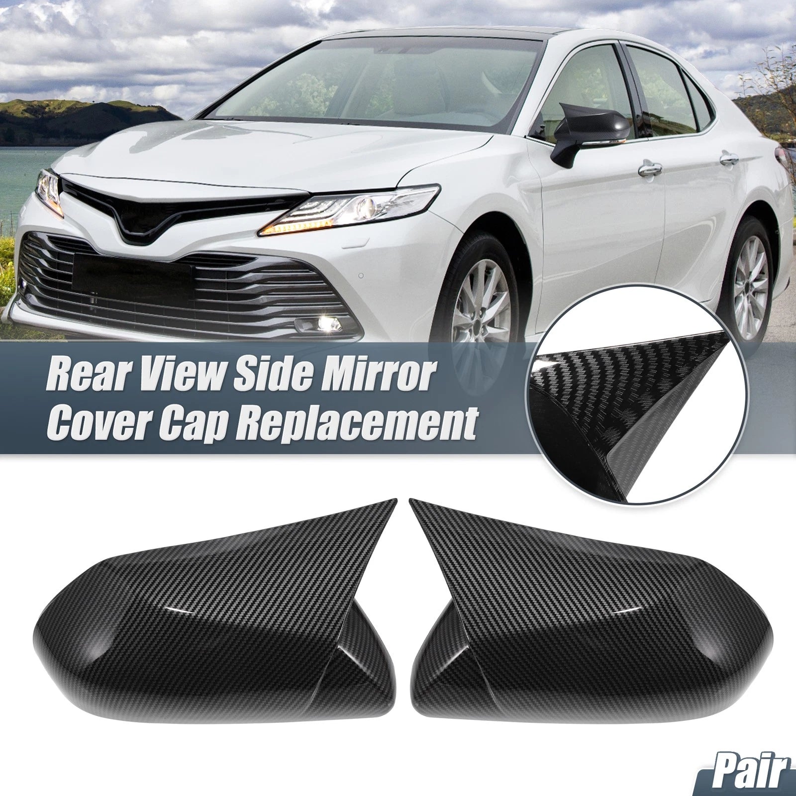 Pair Rearview Mirror Cover Overlay for Toyota Camry (2018–2020) Carbon Fiber
