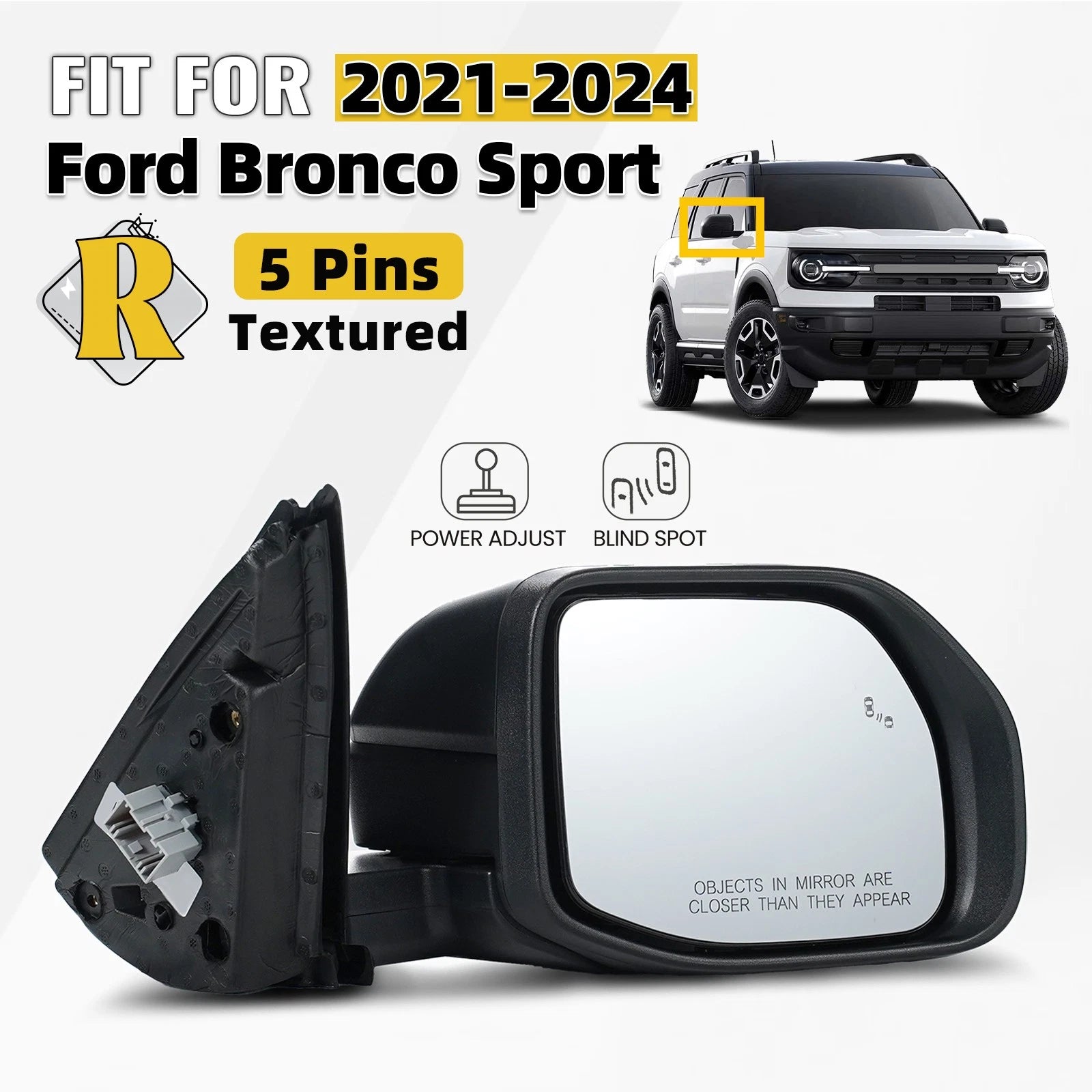 Right Side Mirror for Ford Bronco Sport (2021–2024) w/ Blind Spot, 5 Pins
