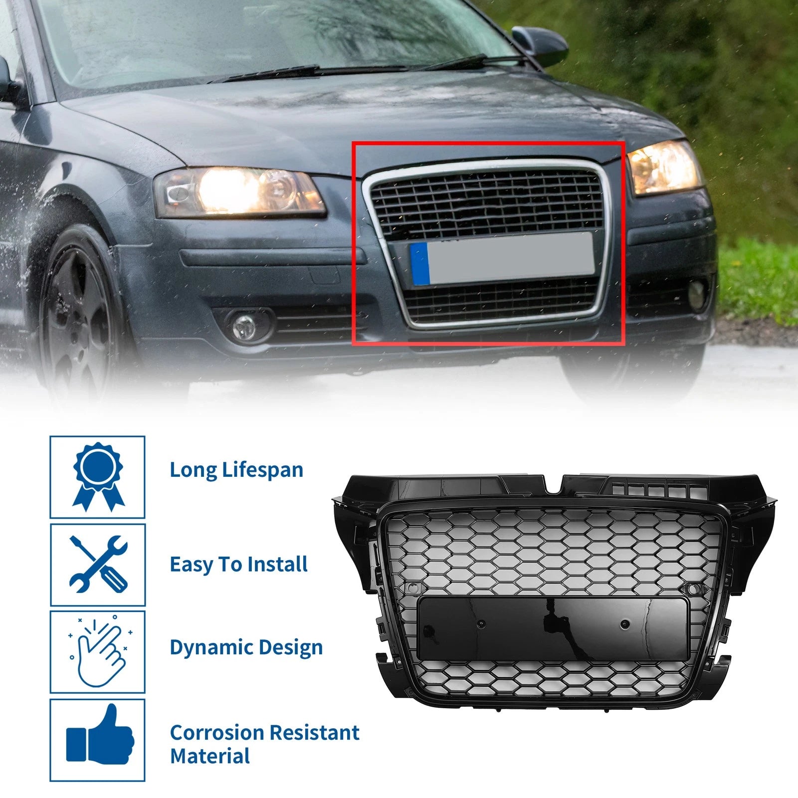 Front Upper Bumper Grille Grill for Audi A3 (2008–2012) 8P0853651M Black