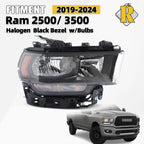 Halogen Headlight with Bulb for Ram 2500 3500 (2019–2024) Black Bezel