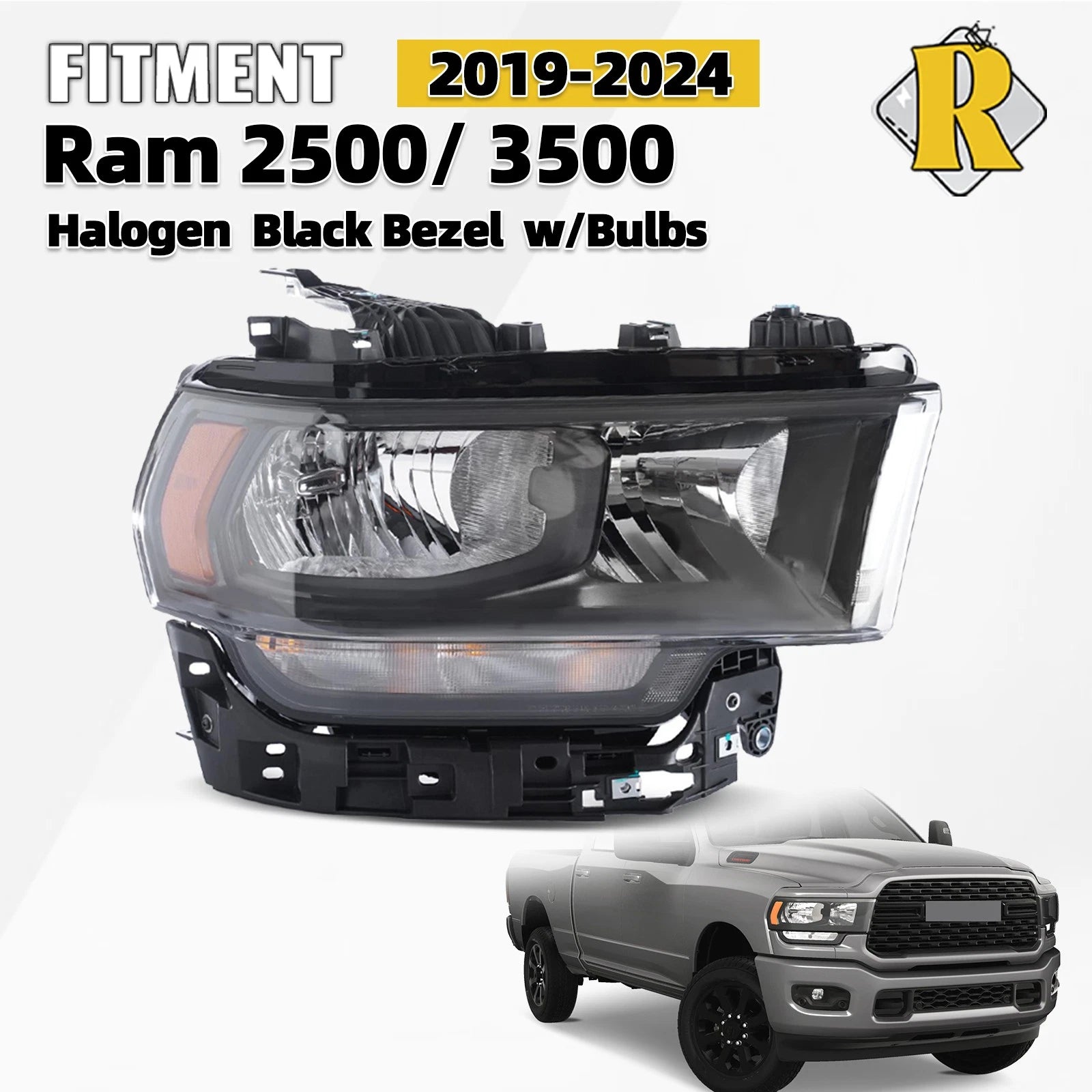Halogen Headlight with Bulb for Ram 2500 3500 (2019–2024) Black Bezel