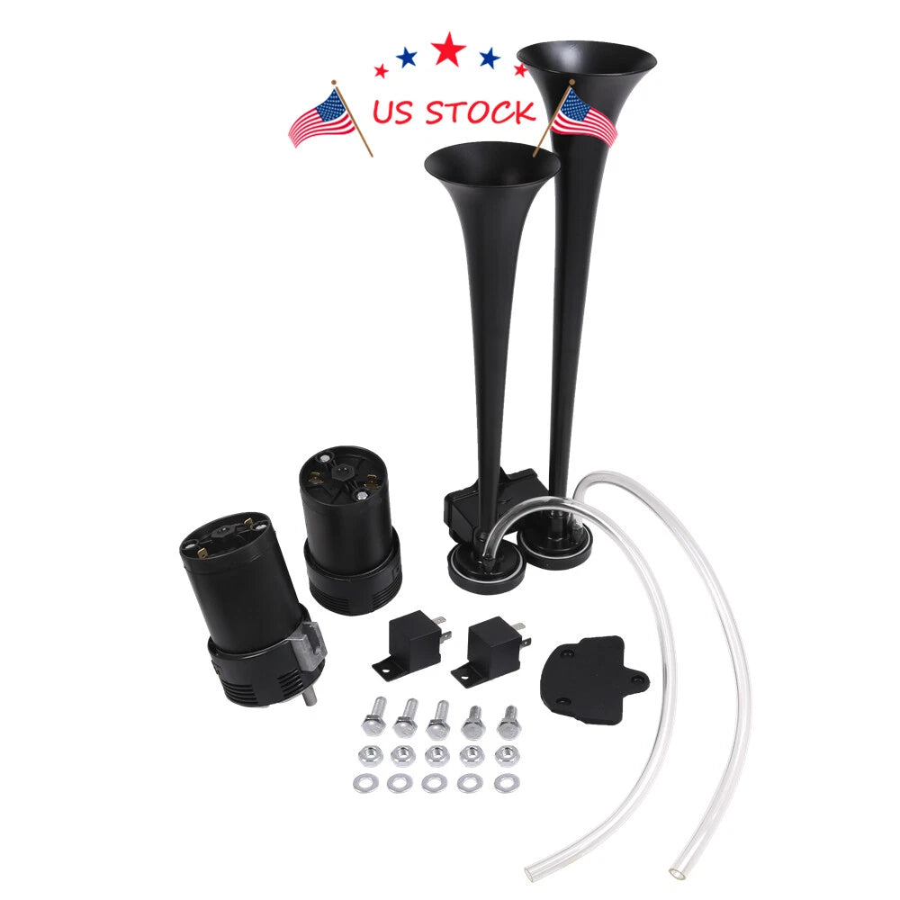 Dual Trumpet Train Horn Air System Kit for RV Car Truck Van Boat (12V)
