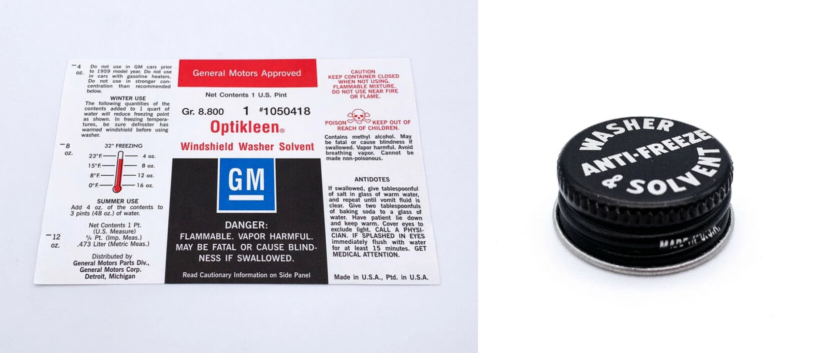 Glass Washer Bottle Cap and Label Replacement for GM A Series (1959–1974)