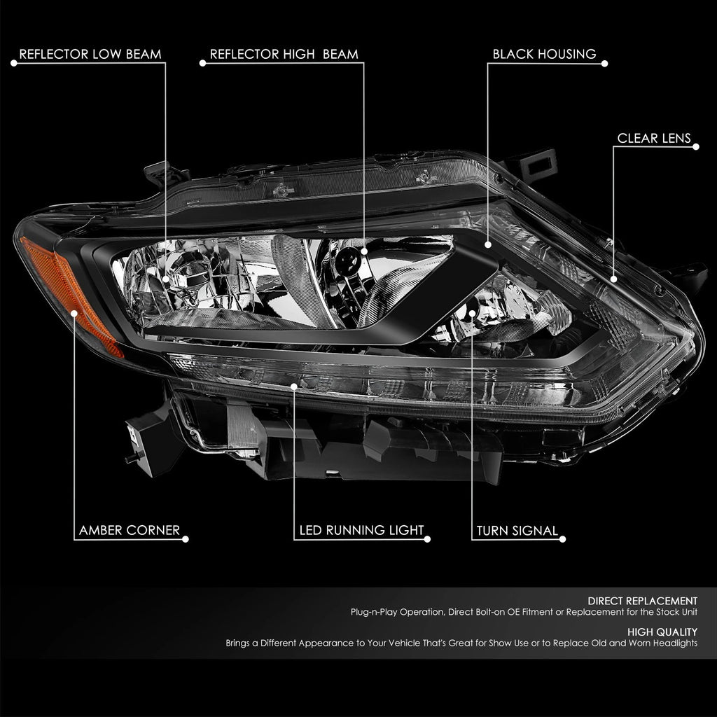 LED DRL Headlight Lamp for Nissan Rogue (2014–2016) - Right Side, Black Amber
