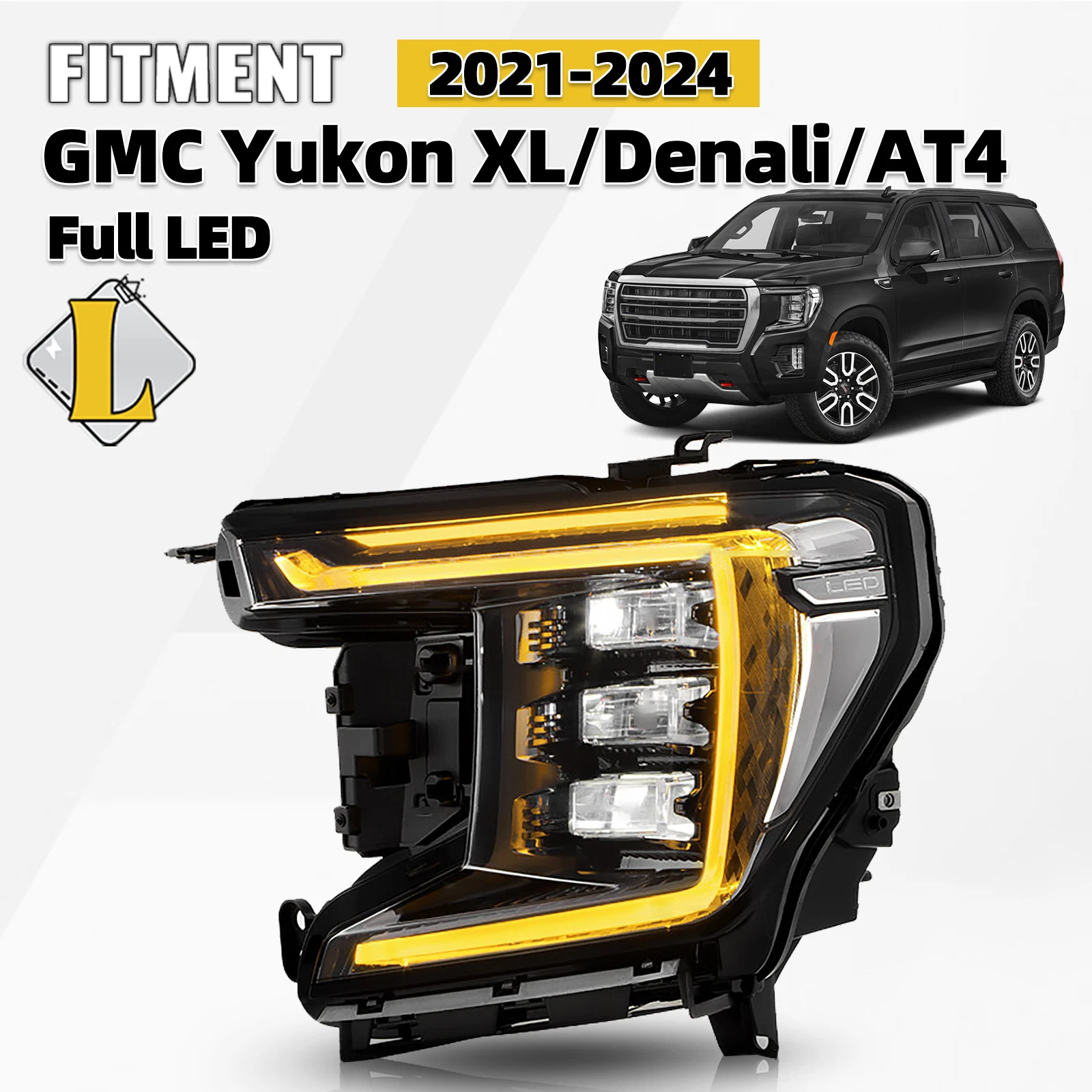 Full LED Black Trim Headlight for GMC Yukon XL Denali AT4 (2021–2024)