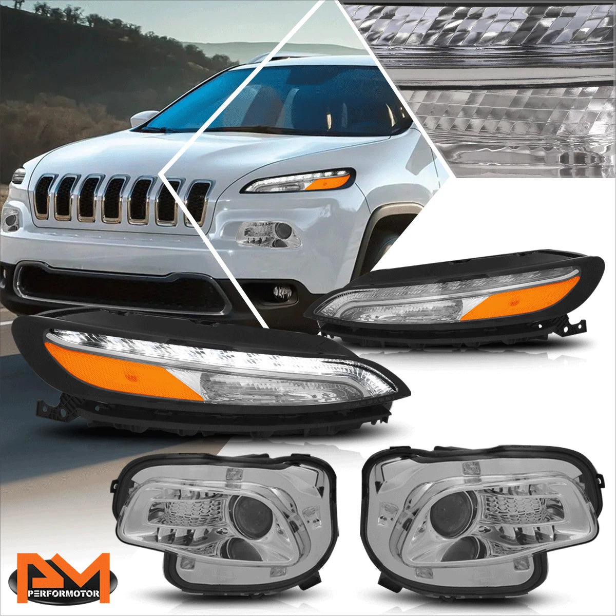 LED Daytime Running Lamps Projector Headlights for Cherokee (2014–2018) Chrome
