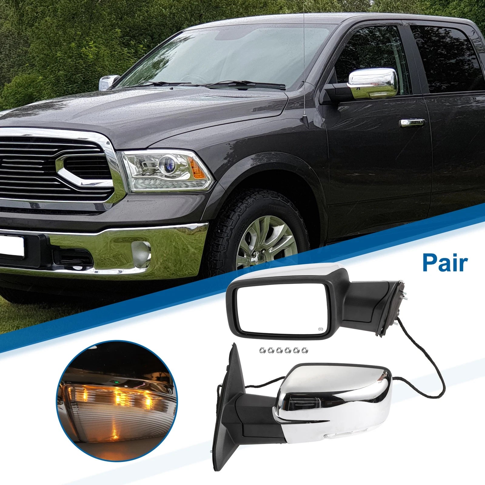 Tow Mirrors for Dodge Ram 1500 (1 Pair, Turn Signal Lights, Silver Tone)
