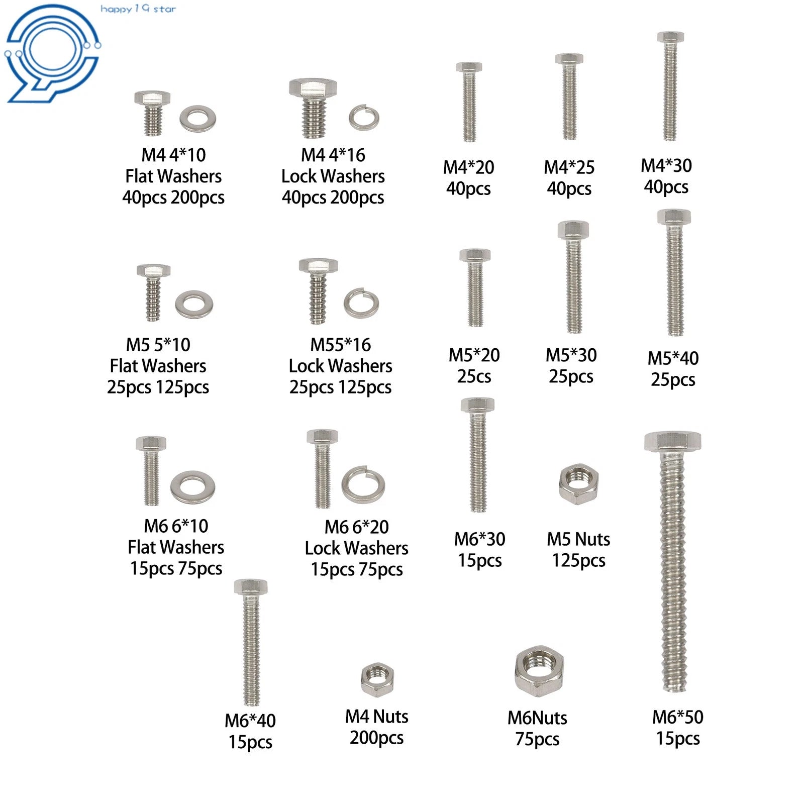 Set of 1600 Heavy Duty Bolts, Nuts & Washers Assortment Kit