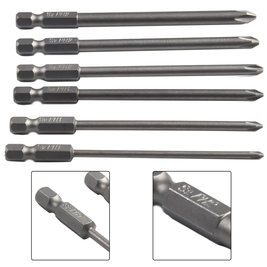 Set of 6 Magnetic Screwdriver Bits 1/4" 100mm Long