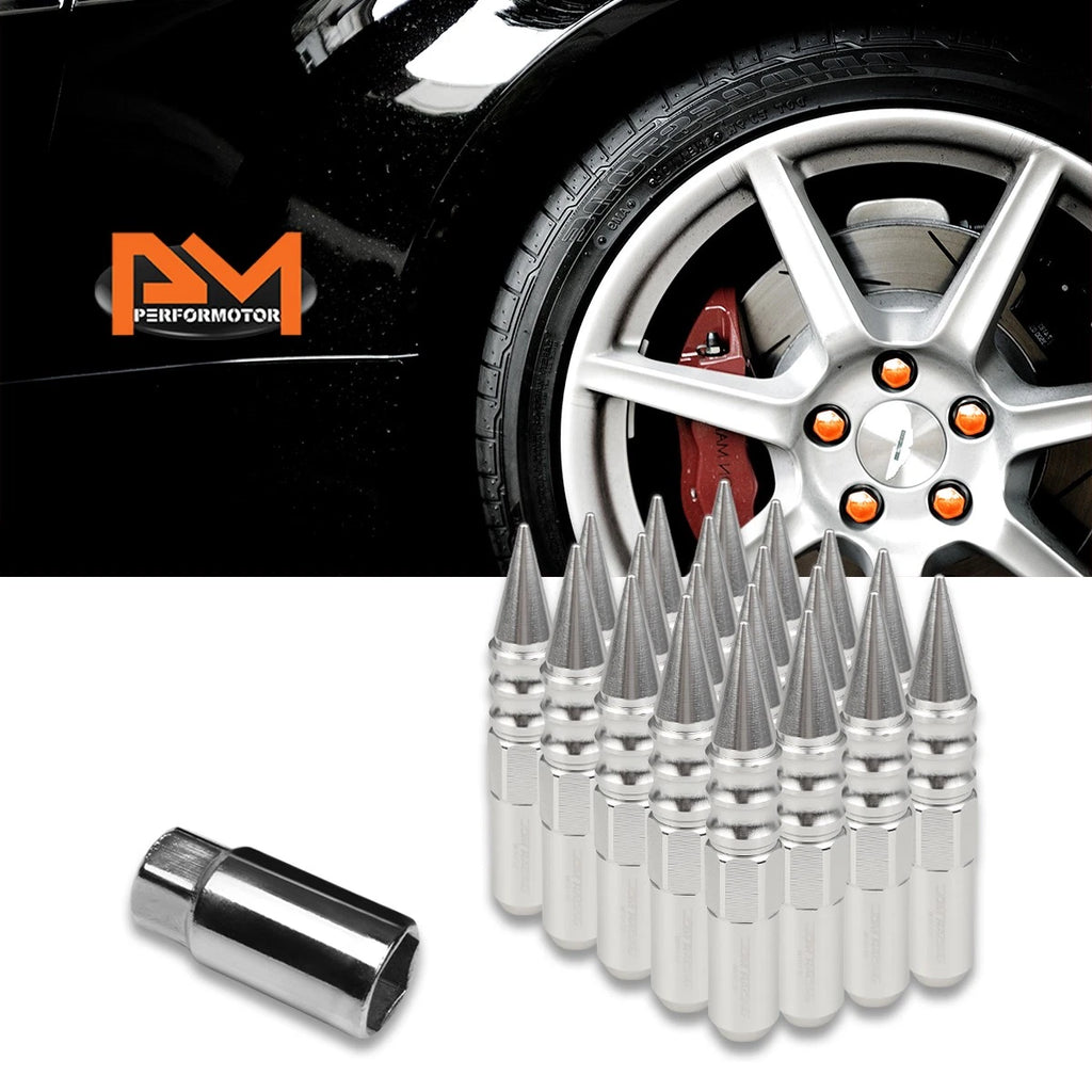 Set of 20 M12X1.5 Silver JDM Spiked Hex Wheel Lug Nuts + 20mm Extension